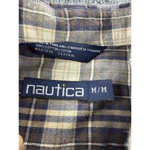 Nautica Shirt Mens Medium Brown Blue Plaid Button Down Long Sleeve Cotton Casual - Picture 7 of 14